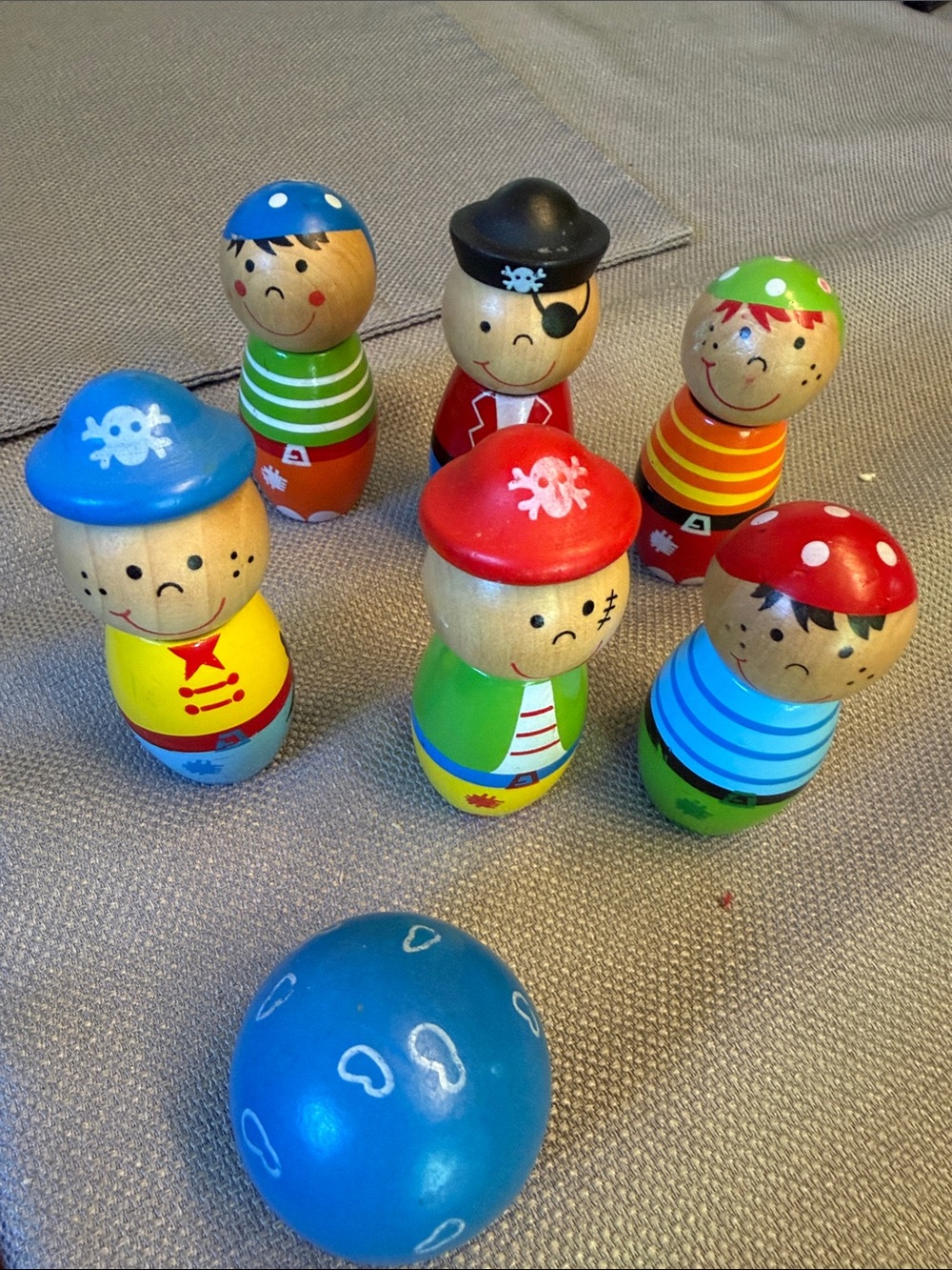 Bigjigs Wooden Pirate Bowling Toy Set - Colorful Blue, Red, Green, Yellow